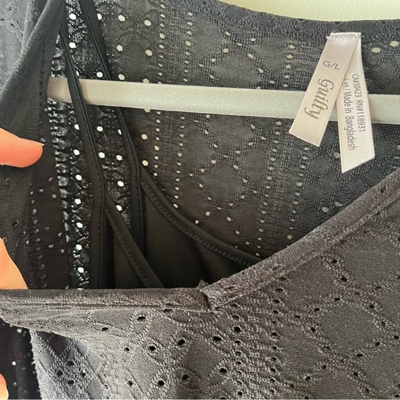 Guilty Black Eyelet Babydoll Mini Dress L Short Sleeve V-Neck Lined Casual Boho - Picture 5 of 12